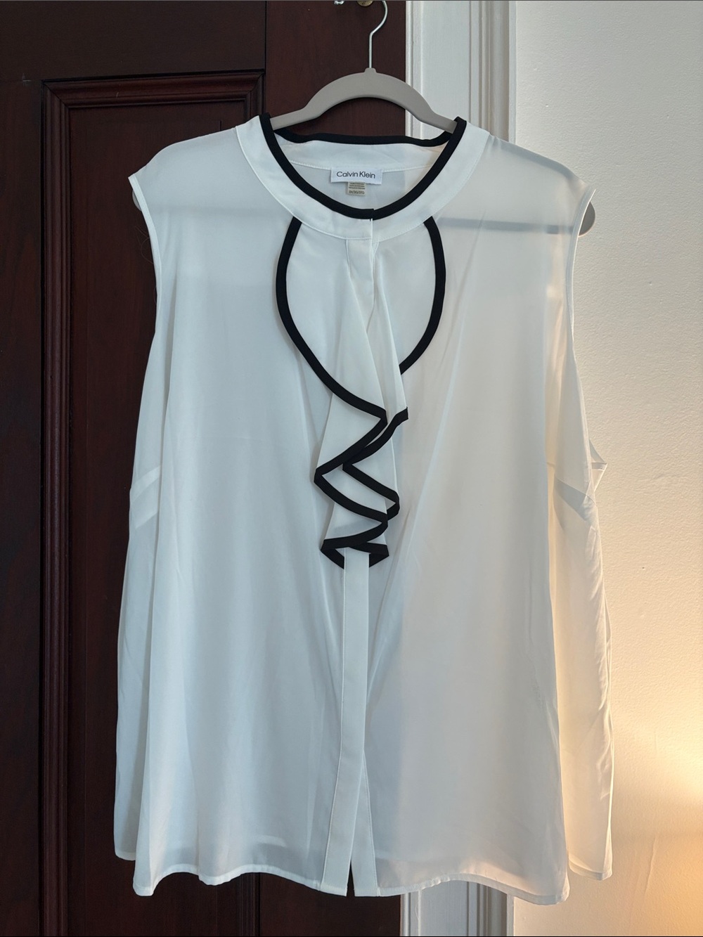 Calvin Klein White Sleeveless Blouse with Black-Trim Ruffle